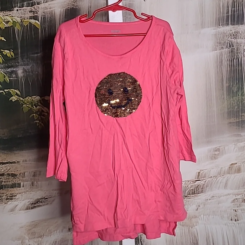 Gymboree Girls Large sequin sparkly smiley face long sleeve pink Tshirt
